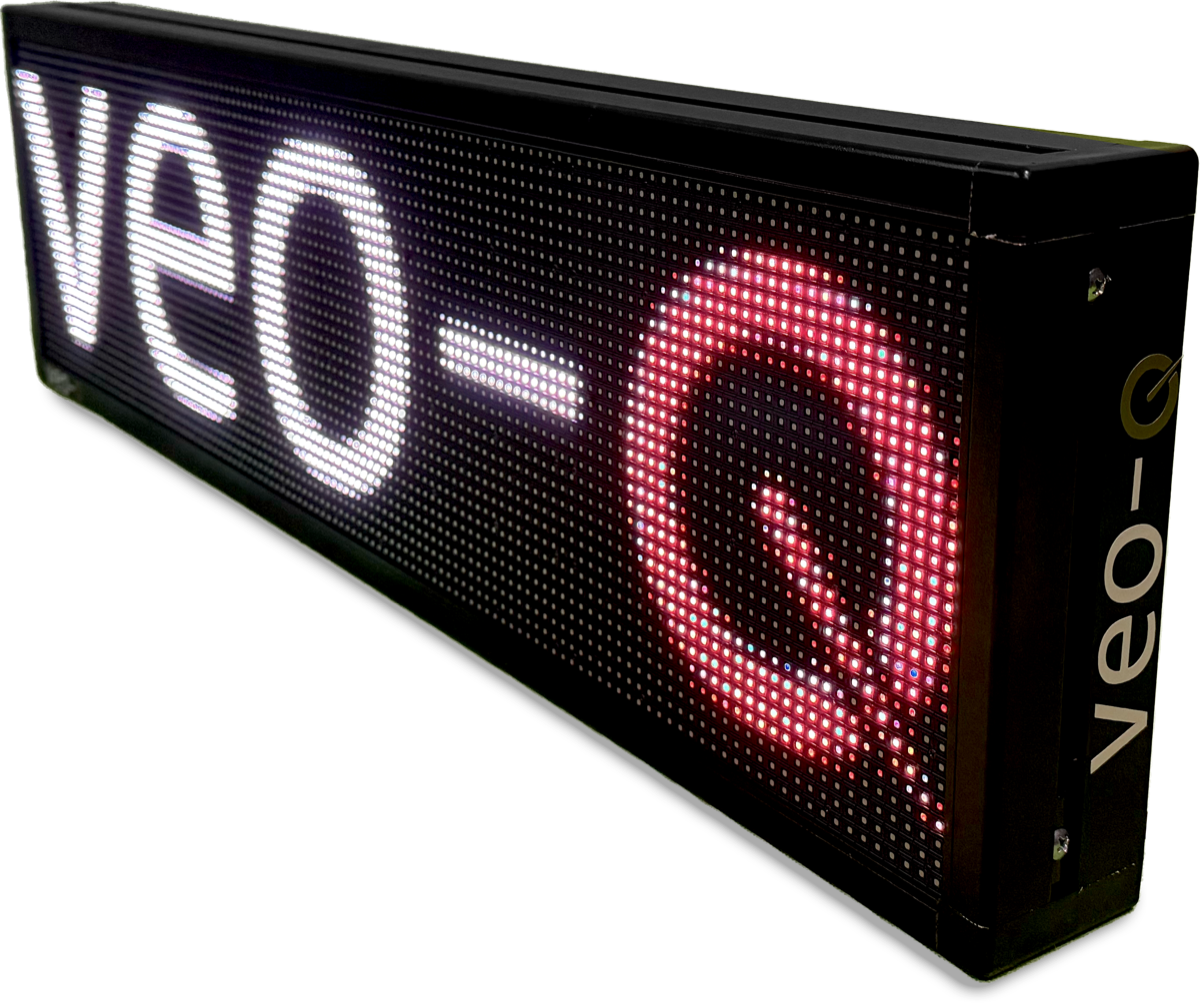 Angled view of the Veo-Q LED display and its black enclosure