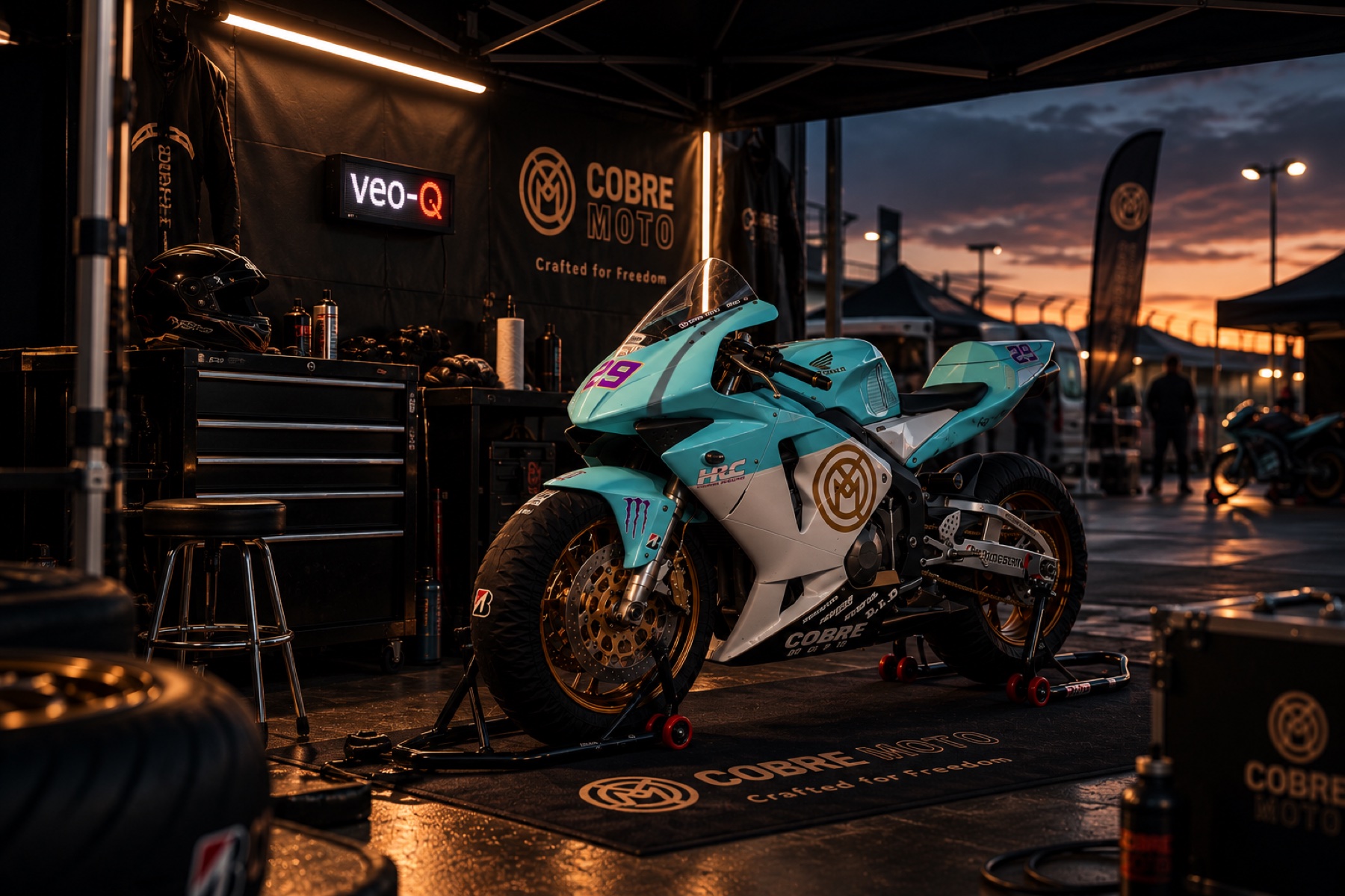 Veo-Q display in a warmly lit Cobre Moto paddock garage with a race motorcycle